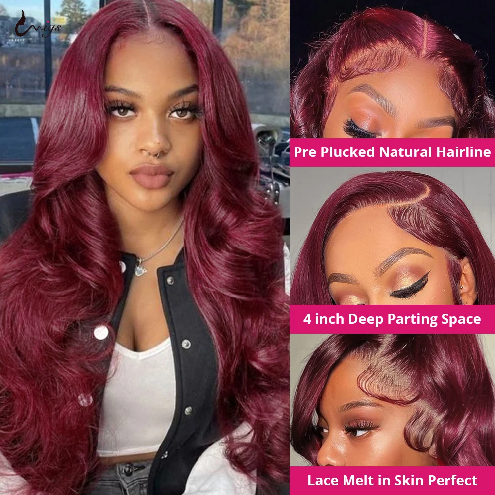 Uwigs Burgundy 99J Body Wave 13x4 13x6 Lace Front Wig 100% Human Hair Wig 4x4 Transparent Lace Closure Wig Brazilian Human Hair