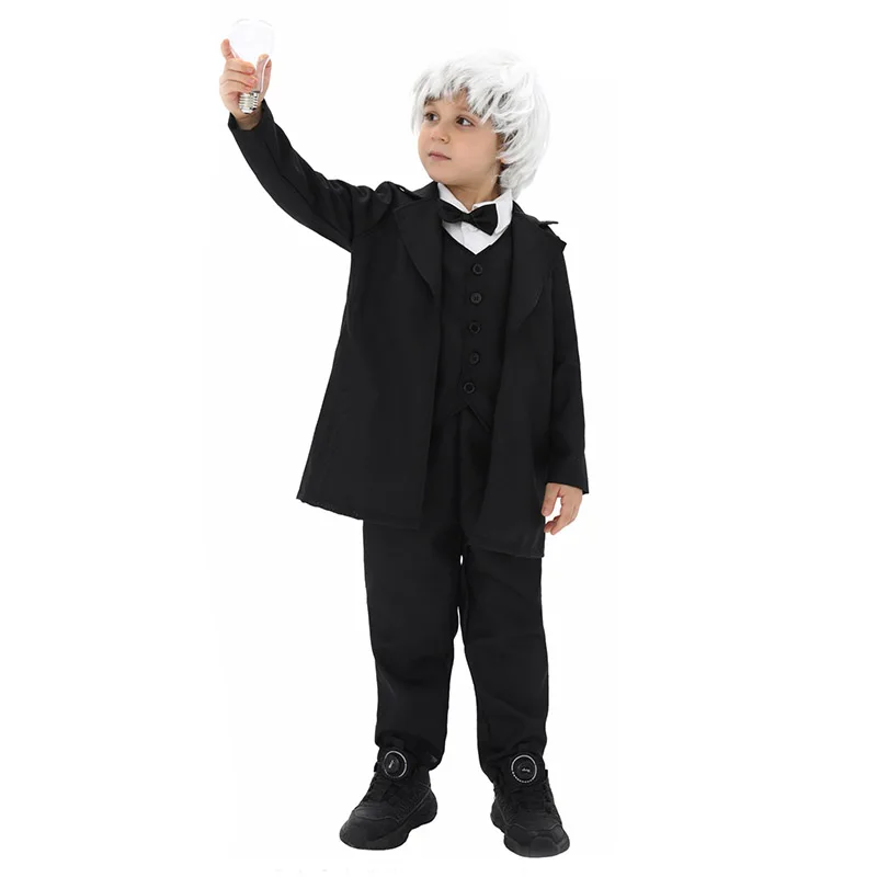 الأولاد عالم هالوين يتوهم اللباس الطفل الأسود زي البدلة الشهيرة الكهربائية ضوء لمبة المخترع توماس اديسون الاطفال زي #2