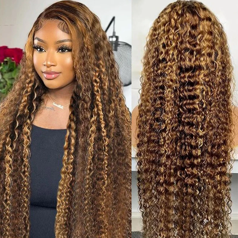 Highlight Wig Human Hair 13x6 Honey Blonde Deep Wave Lace Front Wigs For Women Human Hair #4/27 30 Inch Water Wave Frontal Wig