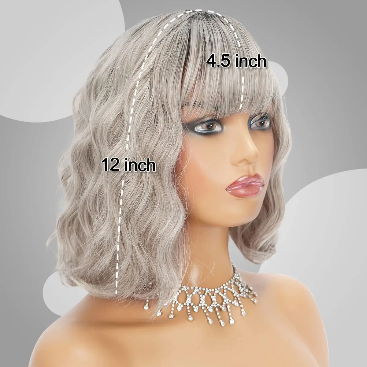 Short Wavy Bob Wig with Bangs Grey Wigs Natural Ombre Silver Wig Synthetic Hair Shoulder Length Short Curly Wigs for Women