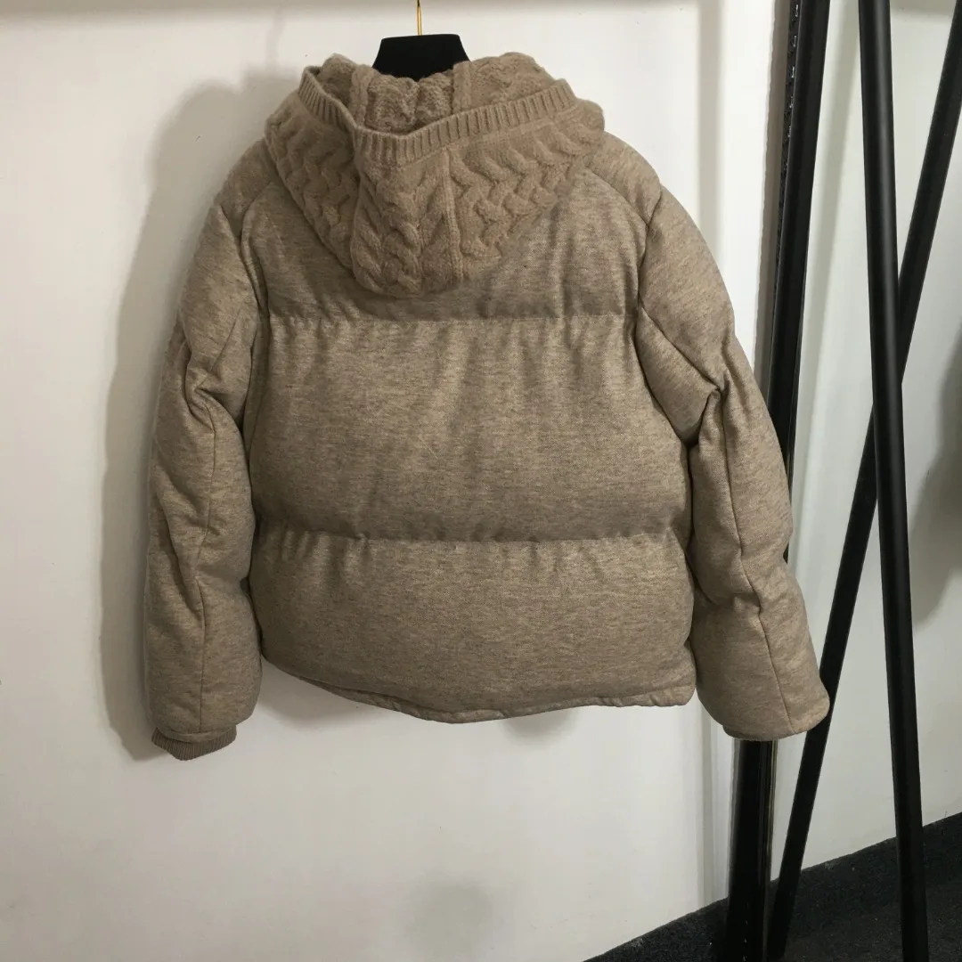 

Вязаный пуховик большого размера с капюшоном и съемным капюшоном, женский повседневный пуховик с длинными рукавами бежевого и серого цвета