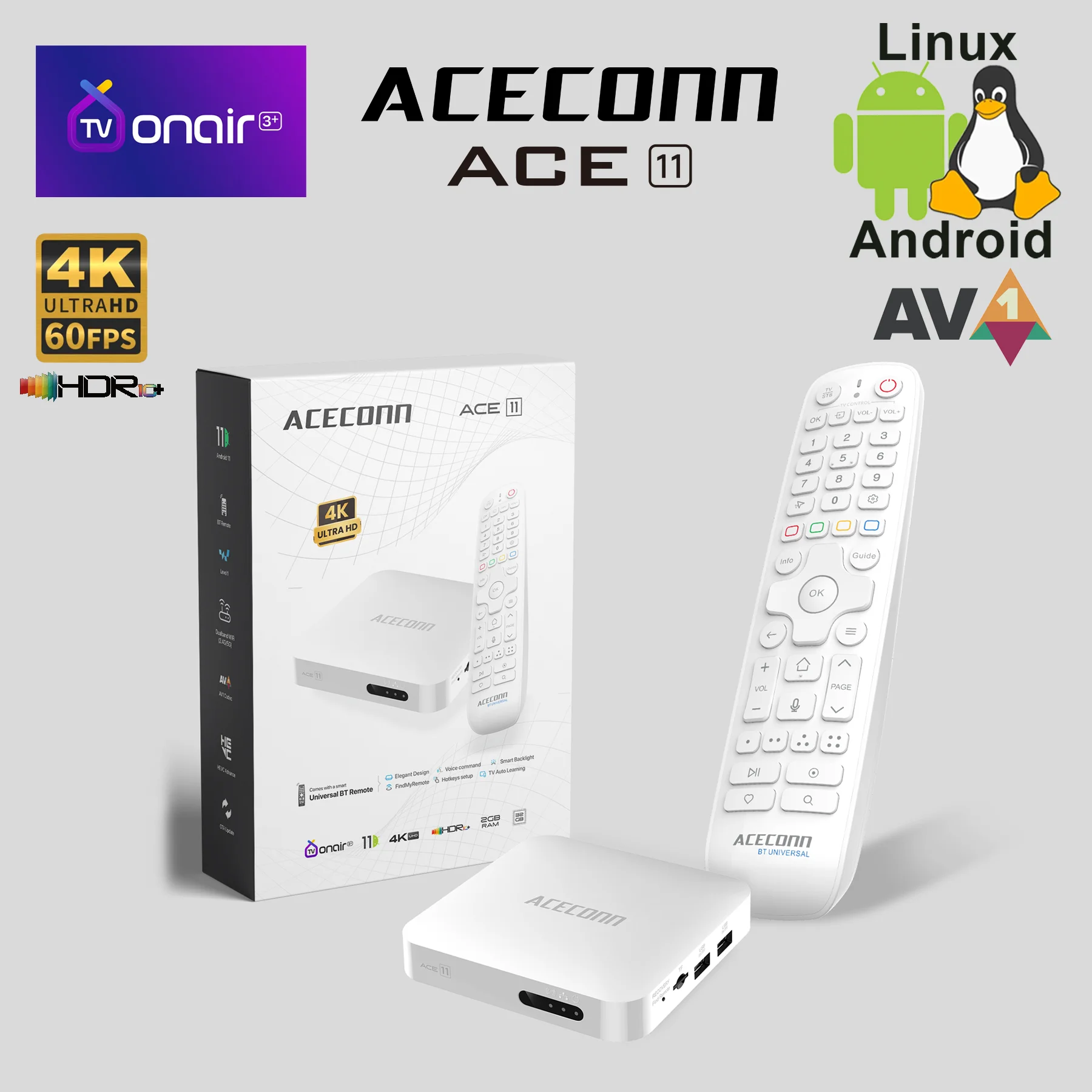 ACECONN Streaming Android Linux IPTV Boxes 4K HDR10+ TVONAIR3+ Dual WiFi Auto Learning Hotkeys Backlight BT Remote ACE11 TV Box