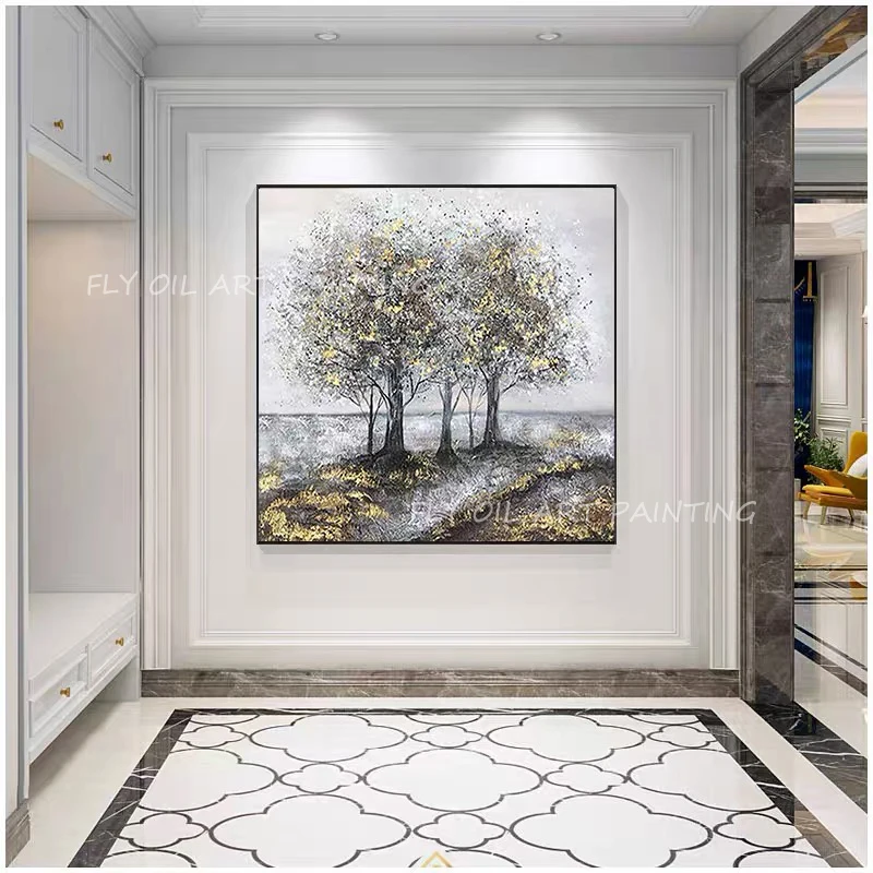 100% Handmade gold foil silver tree and forest landscape square oil painting for home decoration as a gift unframe