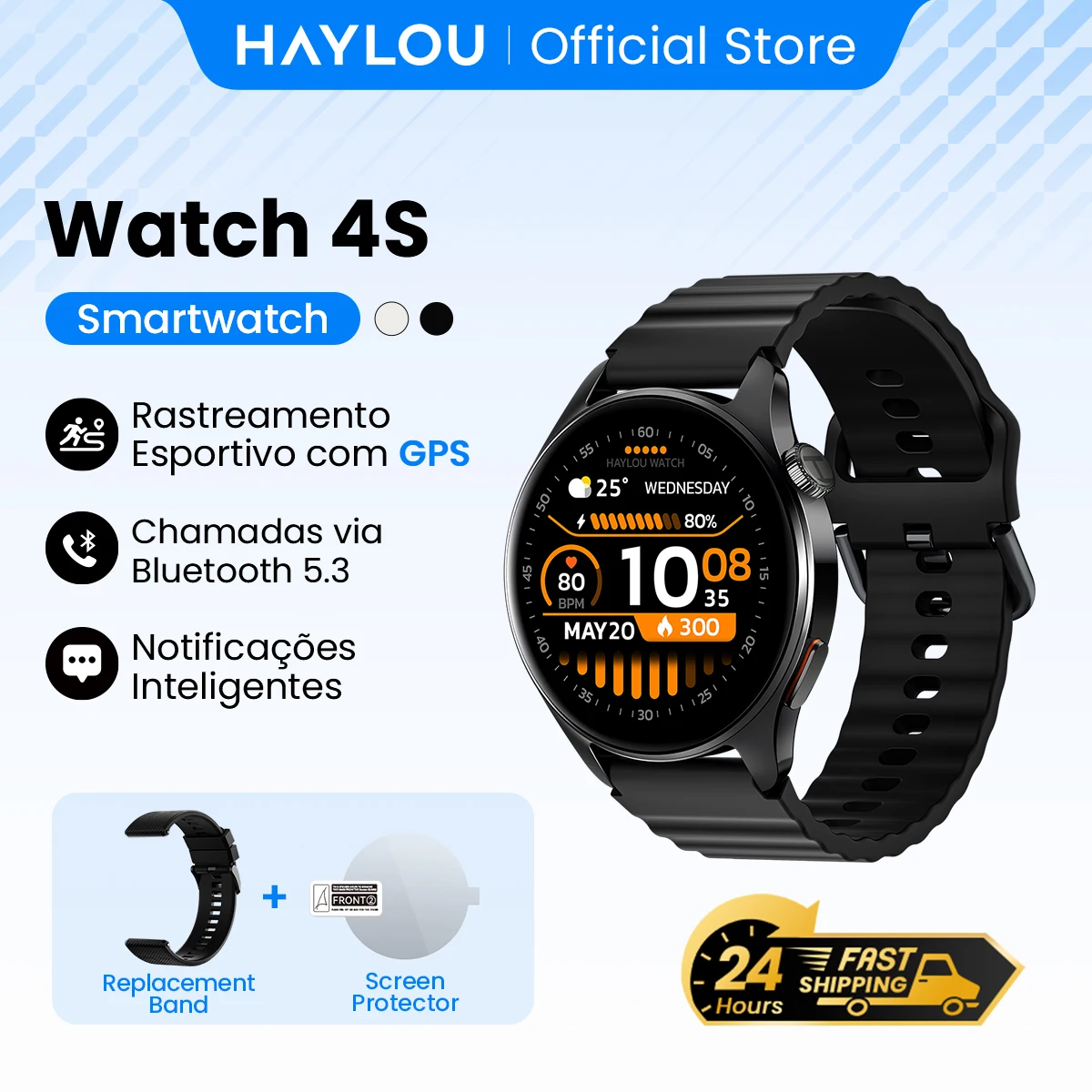 Relógio HAYLOU 4S GPS Smartwatch com Tela HD AMOLED de 1.43”, Posicionamento GPS por 5 Satélites, 120+ Modos de Treino, Relógio Inteligente para Fitness
