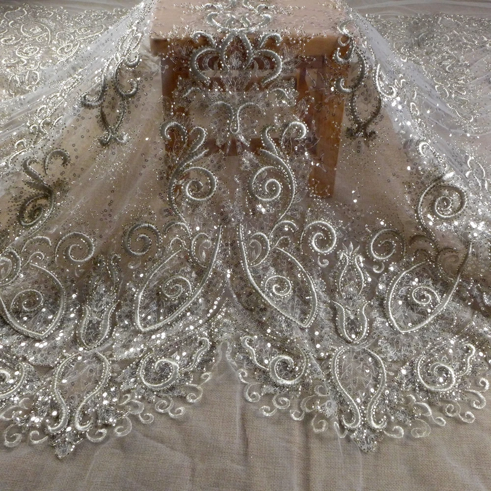 

HelluyerDC Silver on ivory tulle beading lace fabric,125cm width lace for fashion,wedding,evening,dance gown by the yard