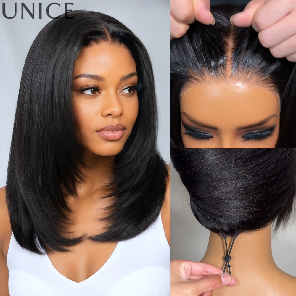 UNice Bye-Bye Knots ™   Perruque courte bob en cheveux humains, 7x5 Lace, pré-couchetée, raie latérale, Yaki Lisse, sans colle, densité 150%