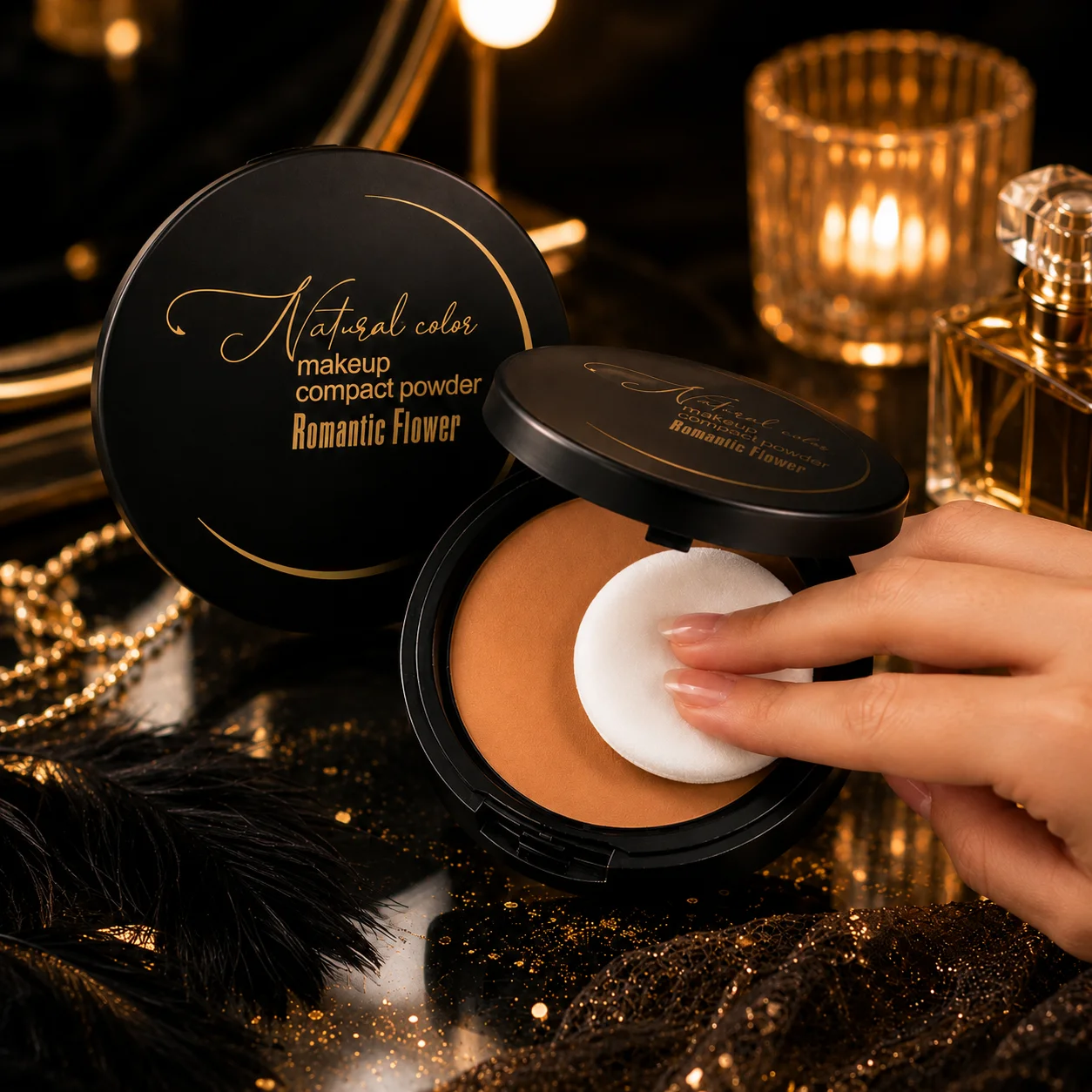 Dark Shade Waterproof Full Coverage Pressed Powder Face Makeup Compact with Sponge Puff Halloween Party Shading Tint Velvet