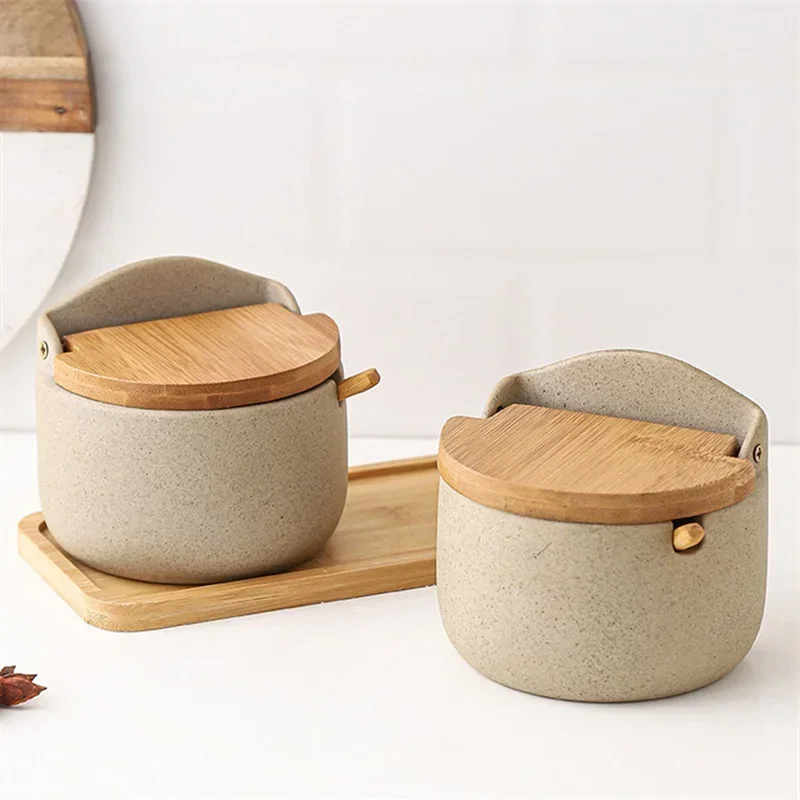 Frasco De Tempero De Cerâmica Estilo Japonês com Tampa De Bambu, Frasco De Especiarias com Colher,