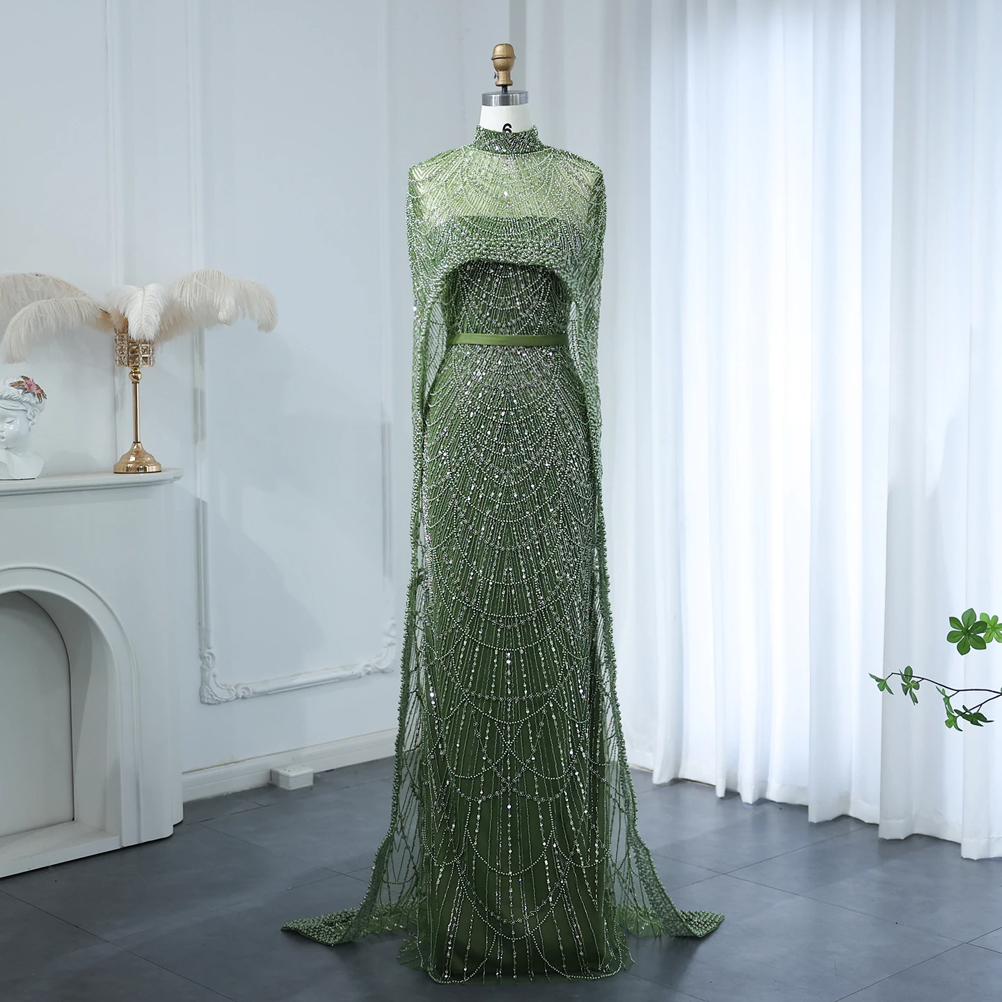 Sharon Said Luxus-Perlen Dubai Champagner Meerjungfrauen-Abendkleider mit Cape-Ärmeln Arabisches Hochzeits- und Abschlussballkleid SS369 Maßanfertigung – Detail 36
