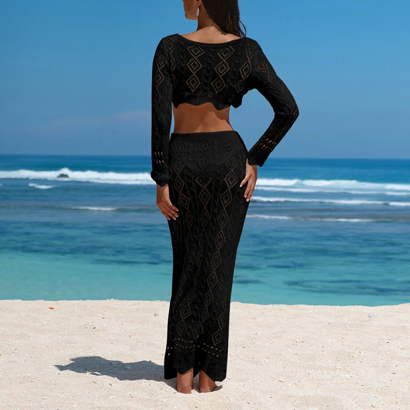 Women Long Sleeve Lace-Up Knit Dress 2PCS Crop Top Blouse and Skirt Sexy Summer Beach See-through Outfit Crochet Bikini Cover-Up