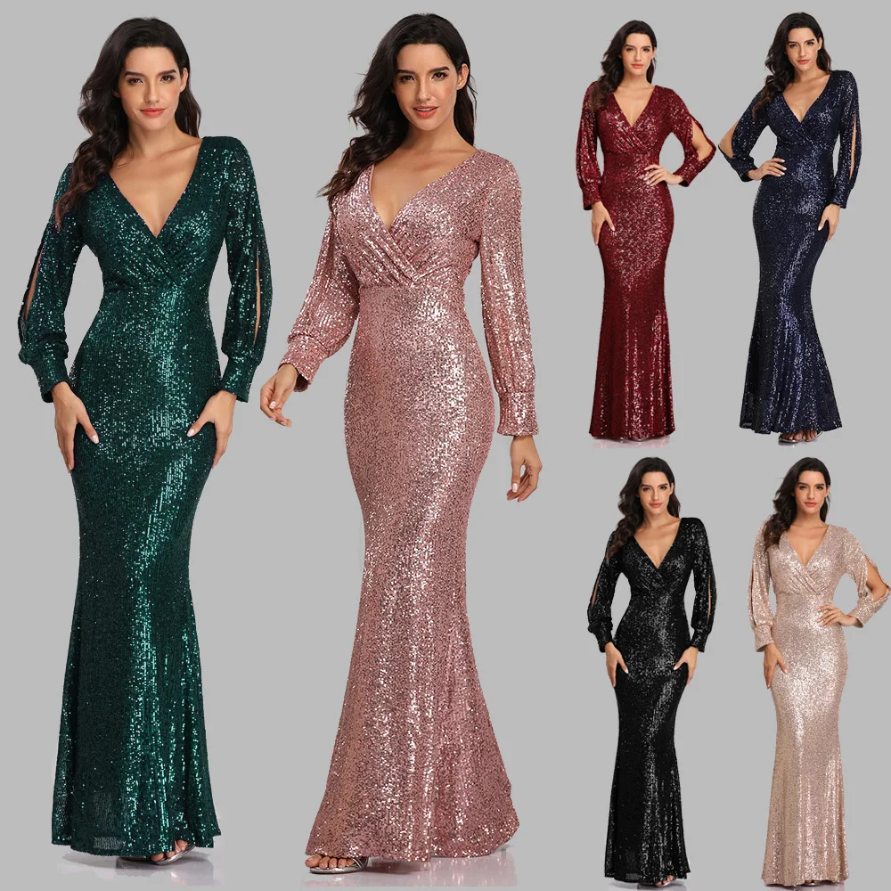 

Glitter Dress Party Dresses Birthday Elegant Dresses for Women Luxury Multicolor V Neck Sequined Fishtail Evening Sexy Cocktail