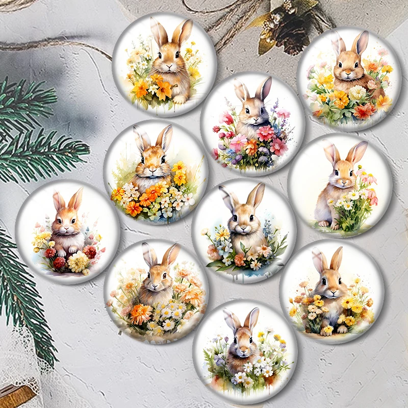 

Rabbit with Flowers Clipart 10pcs 12mm/25mm/30mm Round photo glass cabochon demo flat backMaking findings