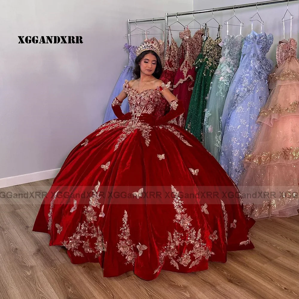 Vestido de terciopelo de princesa para quinceañera, falda larga hinchada, vestido de baile, fiesta de graduación, sin hombros, dulce, 15, 16 años, niña, MISS cumpleaños, 2023