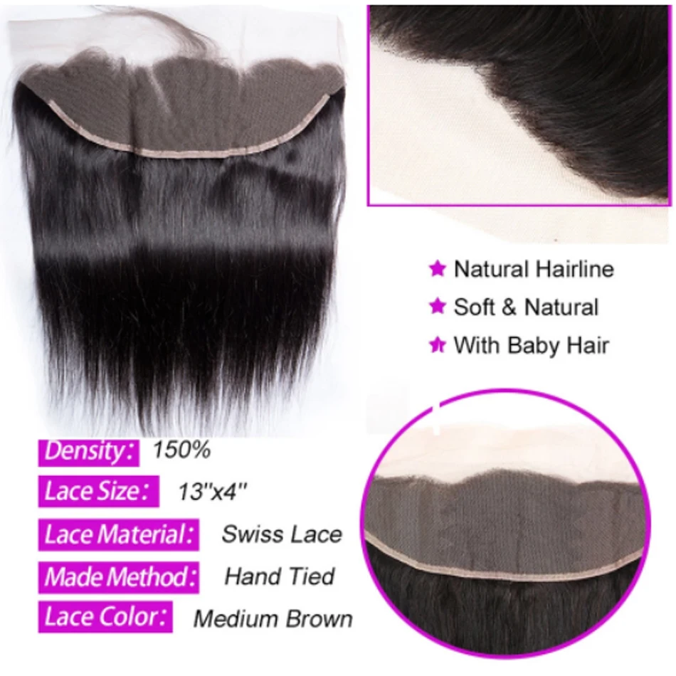 Bone Straight Brazilian Weave Extensions, Tecer Extensões, Transparente HD Lace Encerramento, 13x4 Frontal, 3/4 Pacotes