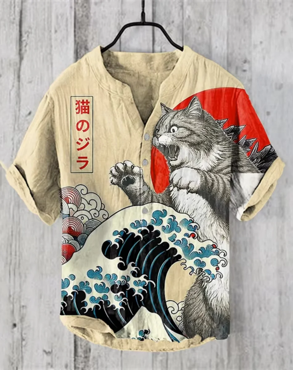 

Cross-border direct sales personalized anime 3D printing casual short-sleeved linen shirt men's loose youth literary shirt fast