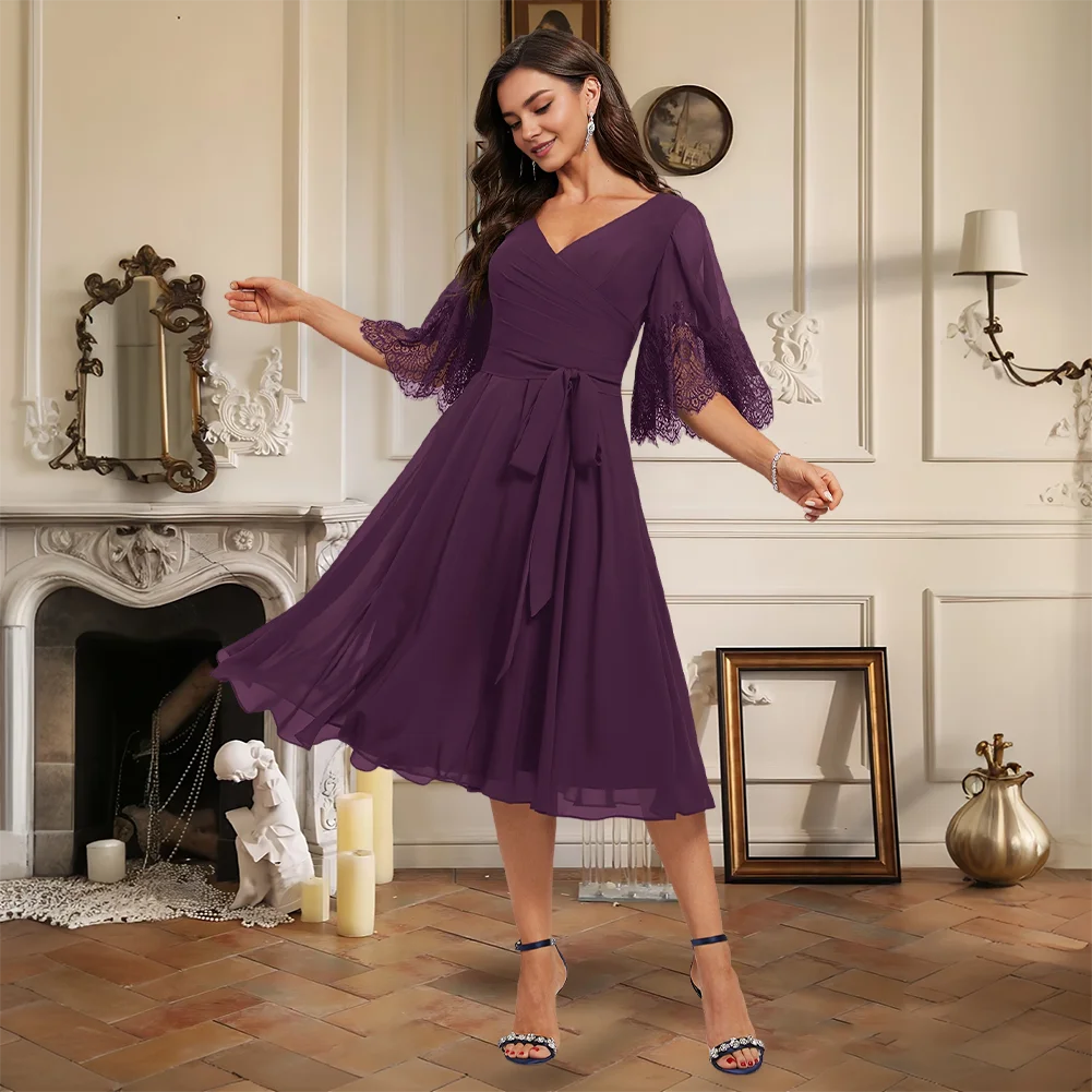 

Luxury A Line V Neck Lace Chiffon Cocktail Dresses With Pleated 1/2 Sleeve Knee Length Evening Party Women Prom Wedding