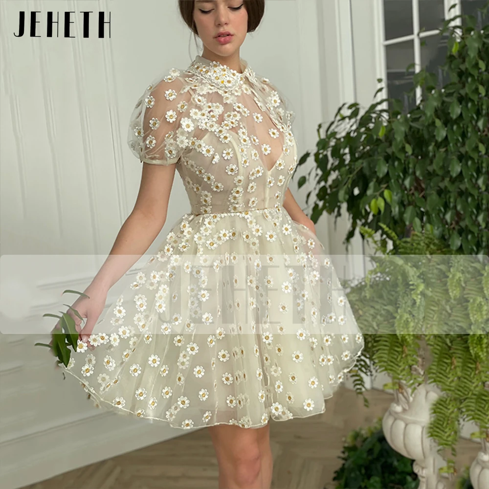 JEHETH Daisy Prom Dress Mini Illusion Short Puff Sleeves Homecoming High Neck Tulle Evening Gown Party Robes De Soirée Ivory