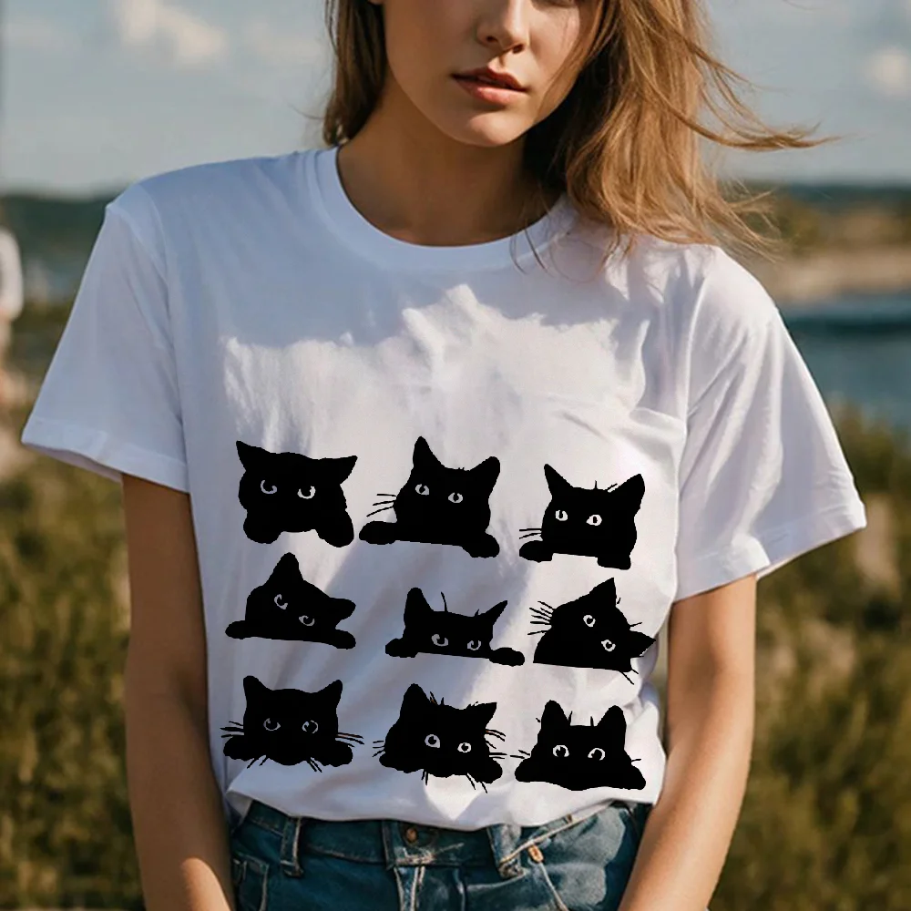 

Casual Top For Summer Spring, Women's Clothing Short Sleeve Crew Neck Cartoon Cats Print T-Shirt