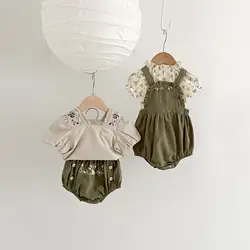 Sage Floral Embroidery Ruffle Linen Girl Bubble Romper Kids Jumpsuit Suspender Body Suit Boho Baby Overall Outfit