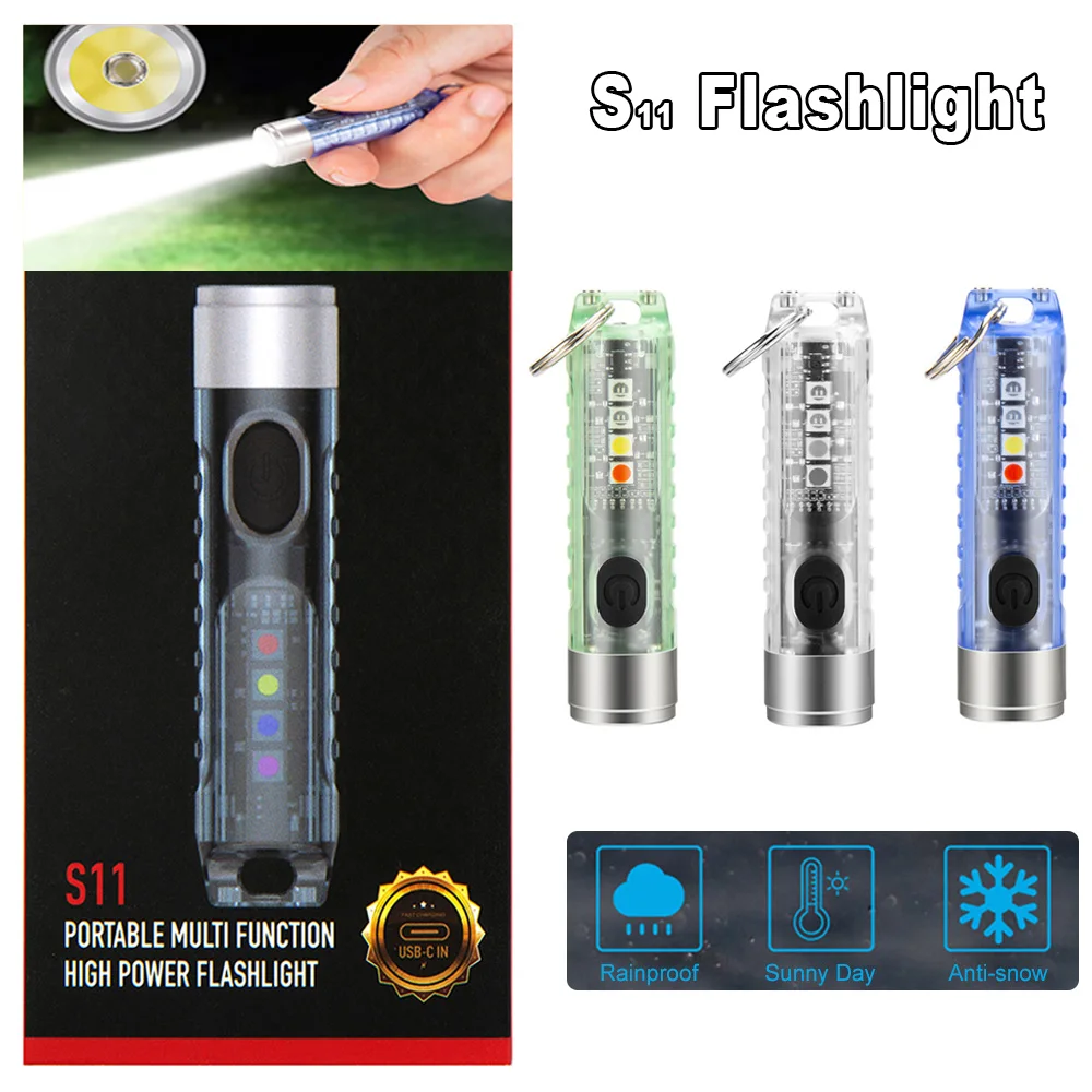 200M Multifunction S11 Flashlight Mini Flash Lamp for Key Chain Magnetic Warning Flashlight with USB C Charging IPX6 Waterproof