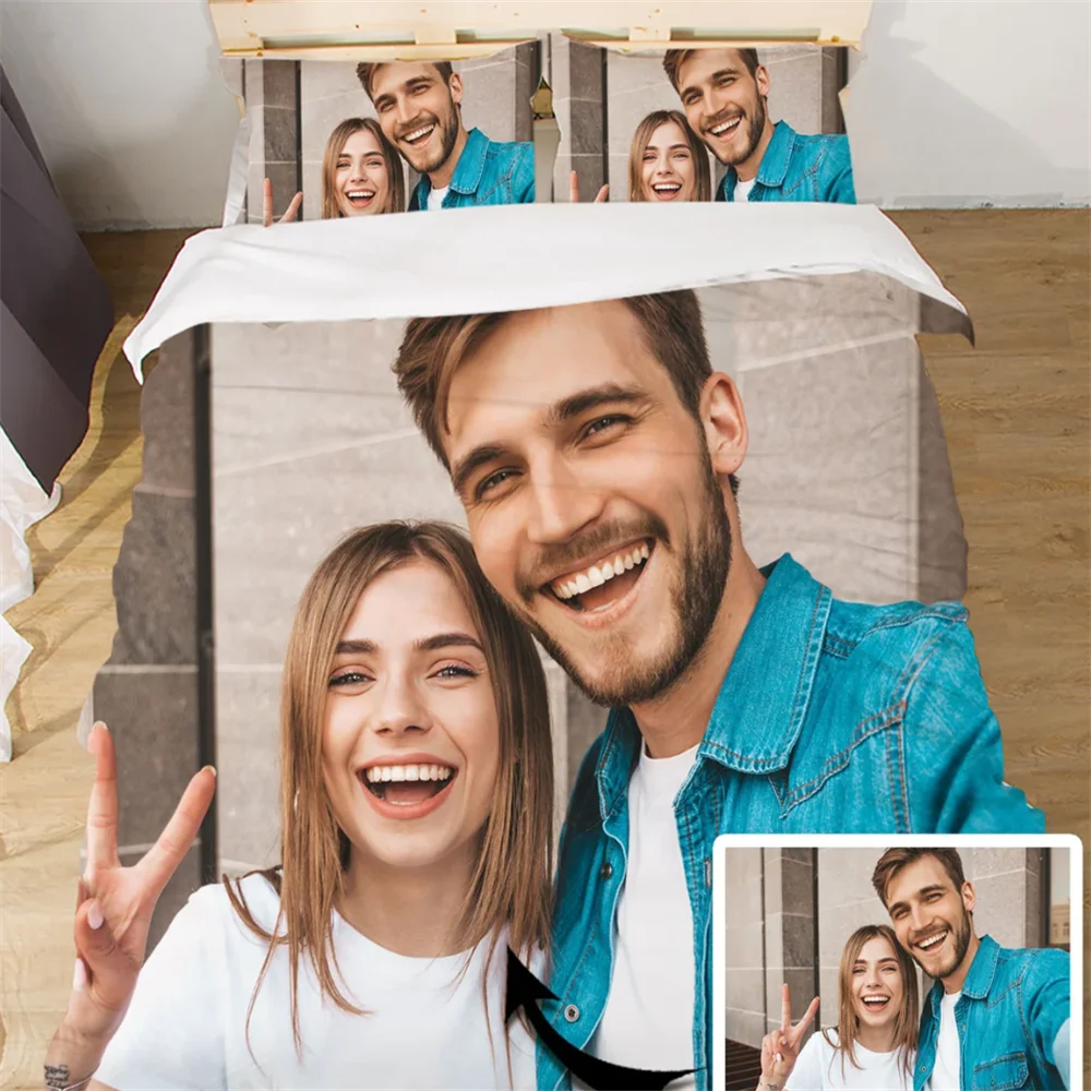 Conjunto de cama personalizado personalizado com sua foto, cria sua própria roupa de cama personalizada, conjunto de 3 peças, capa de edredom personalizada e pi