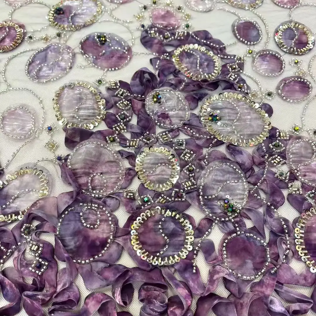 

Elegant Purple African Tulle Lace Fabric High Quality French Cord Embroidery With Sequins Beads Draping Wedding Dress 5Yards