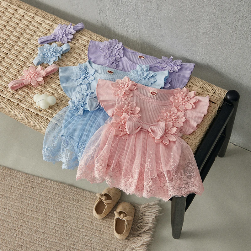 BeQeuewll Baby Girl 2 Piece Outfits Mesh Lace Patchwork Ruffle Romper Dress and Headband Cute Fashion Summer Clothes