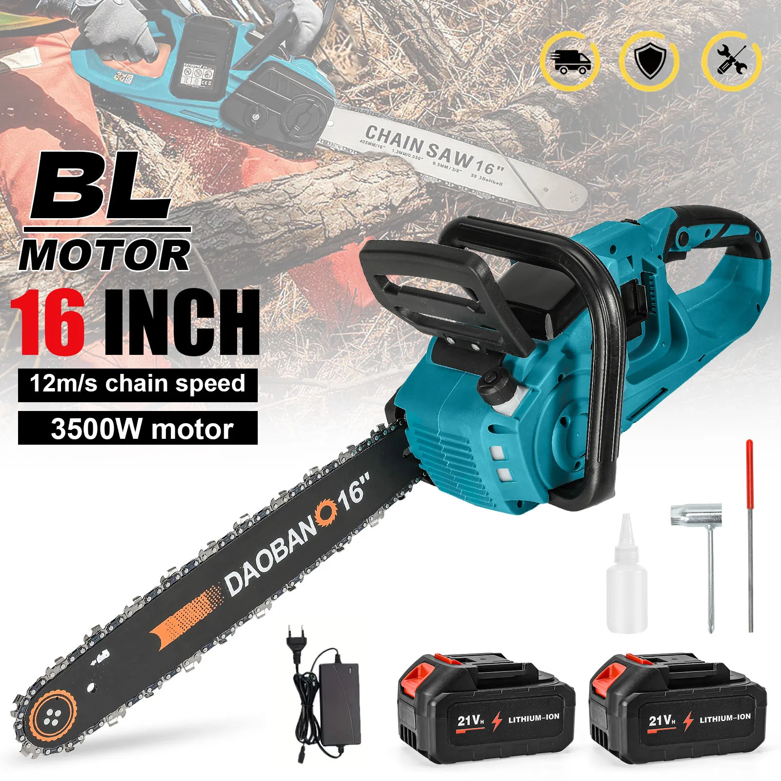 3500W 16Inch Brushless Electric Chain Saw Cordless Handheld Chainsaw Rechargeable Woodworking Cutting Tools for 18V Battery Pins