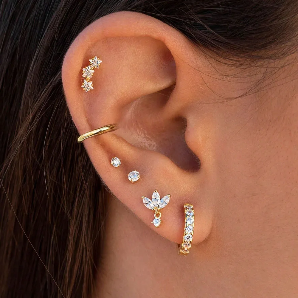 Juego de 6 pares de aretes de aro de estrella Huggies de acero inoxidable para mujer, colgante de circón de moda, joyería para Piercing llamativo Aretes