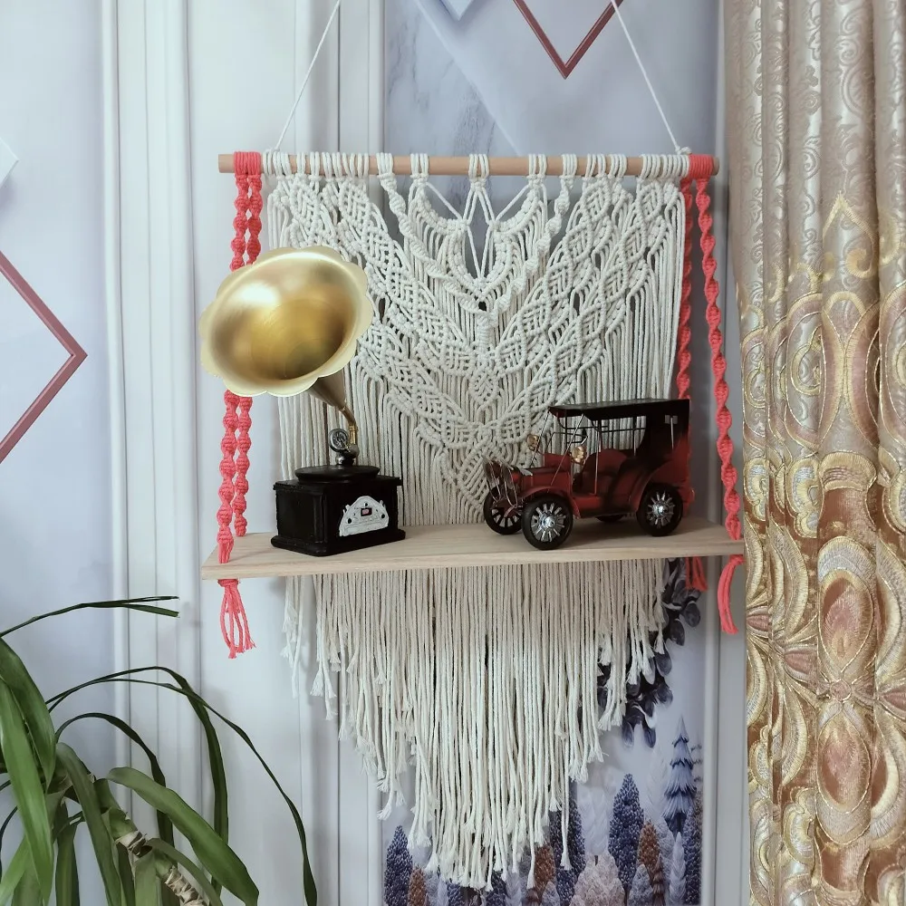 

Boho Macrame Shelf Arts Crafts Display Stand Handmade Wall Hanging Floating Shelf Rustic Bedroom Living Room Plant Hanger Decor