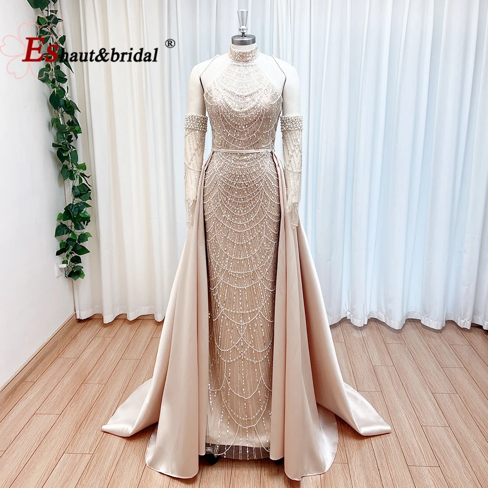 Elegant Pearl Evening Dress for Women with Detachable Skirt 2024 Luxury Arabic Gloves Formal Prom Wedding Party Gowns Customized