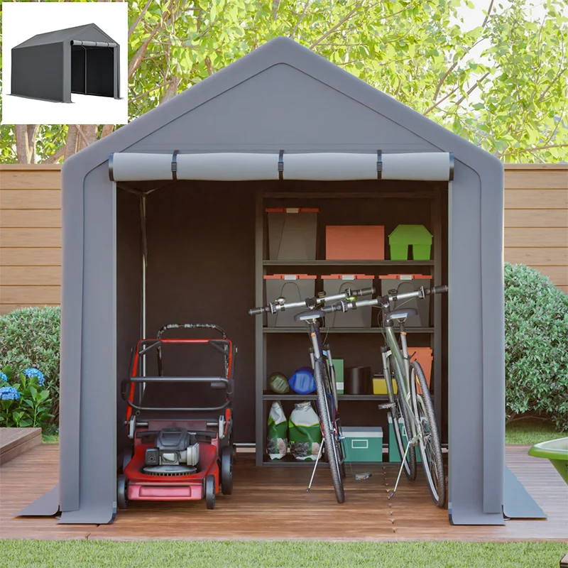 Abri de jardin, cabane de jardin extérieure imperméable, abri moto, garage pour vélos et outils, abri vélo, rangement et stockage, gris foncé, 296x190x200cm.