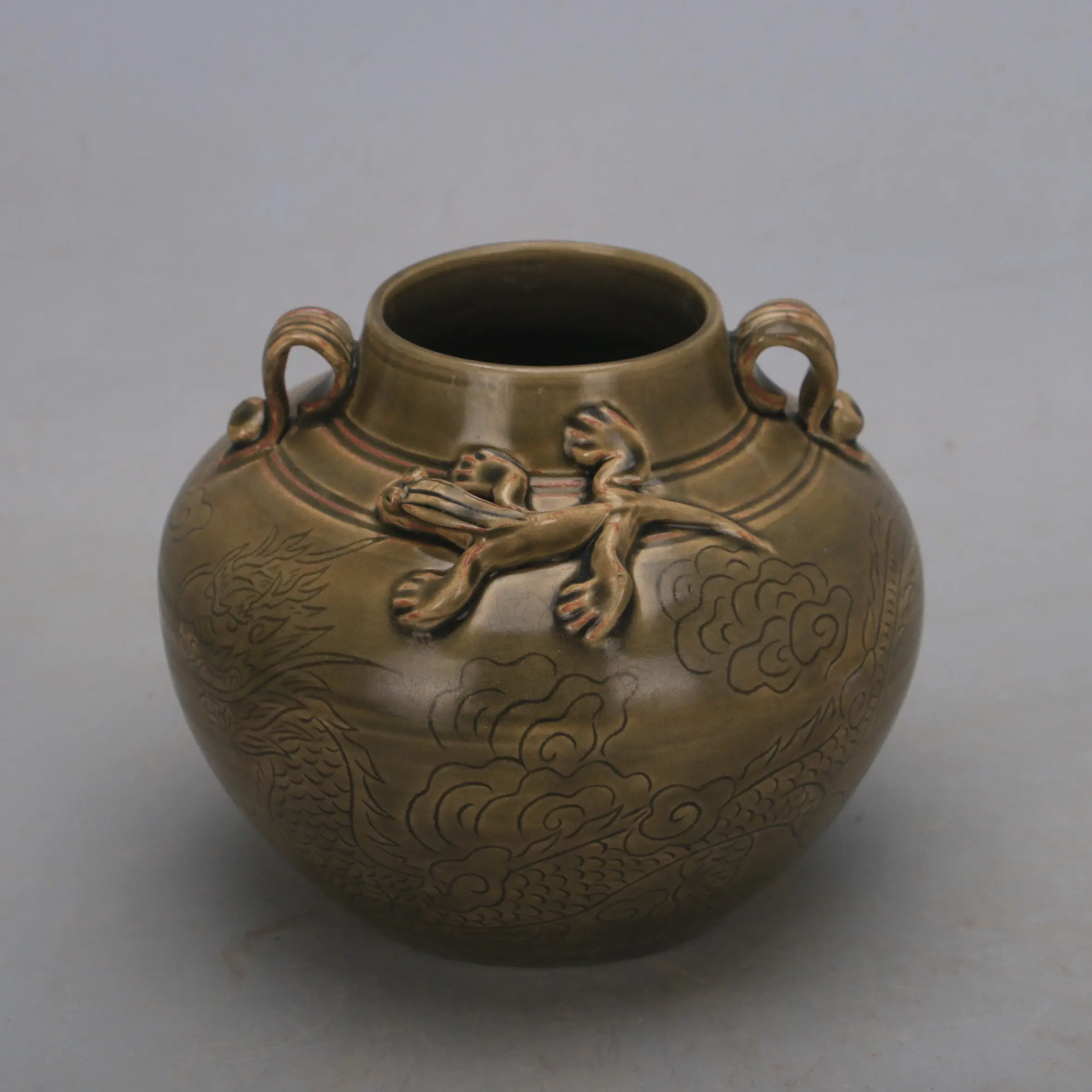 Ceramic Jar Handmade Song Dynasty Style Yue Kiln Celadon Glaze Carved Phoenix Pattern Double Loop Vintage Home Decor Collection