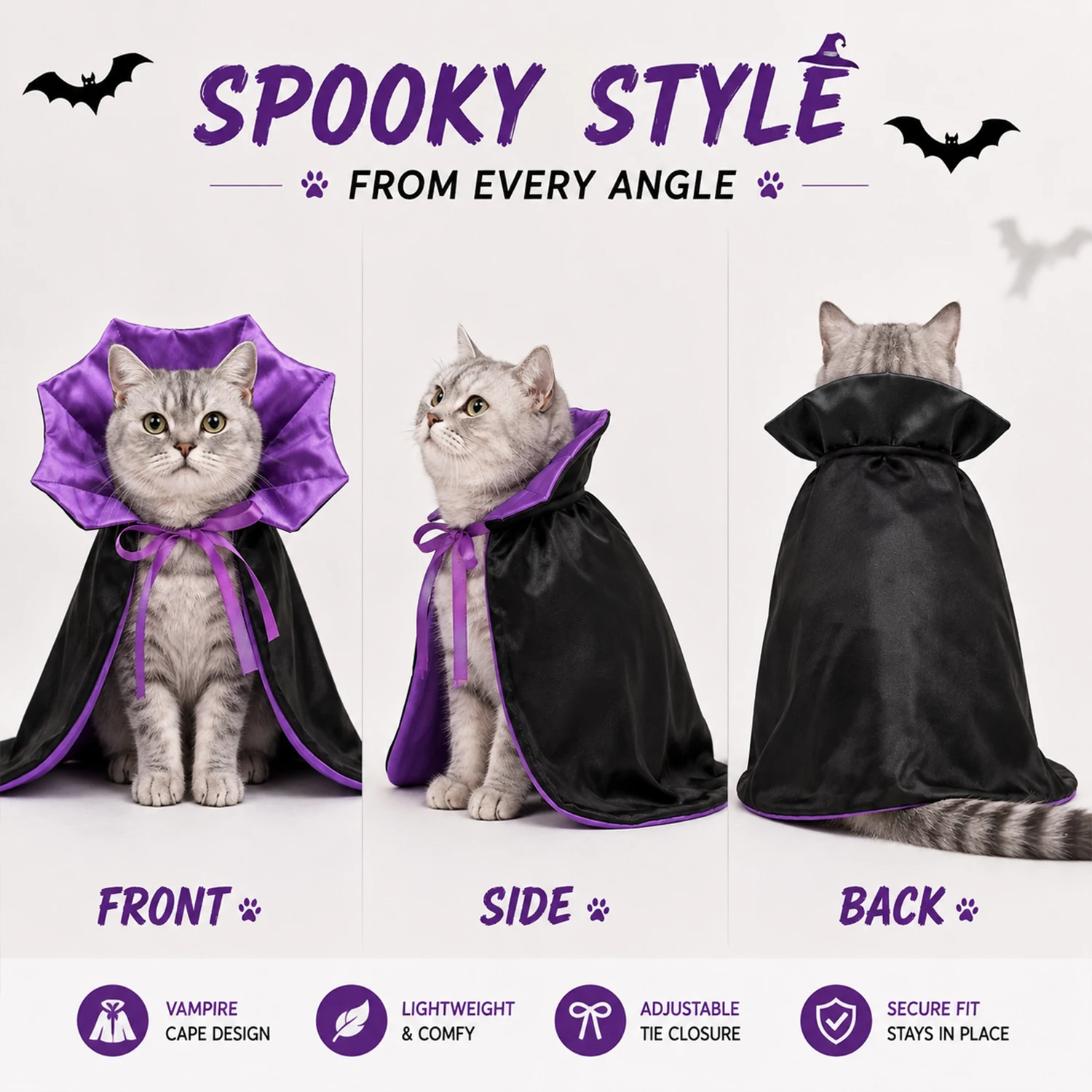 Halloween-Vampirumhang für Hunde und Katzen, lila Zaubererumhang als Haustierkostüm mit verstellbarer Krawatte, gruseliges Verkleidungs-Outfit. – Detail 3