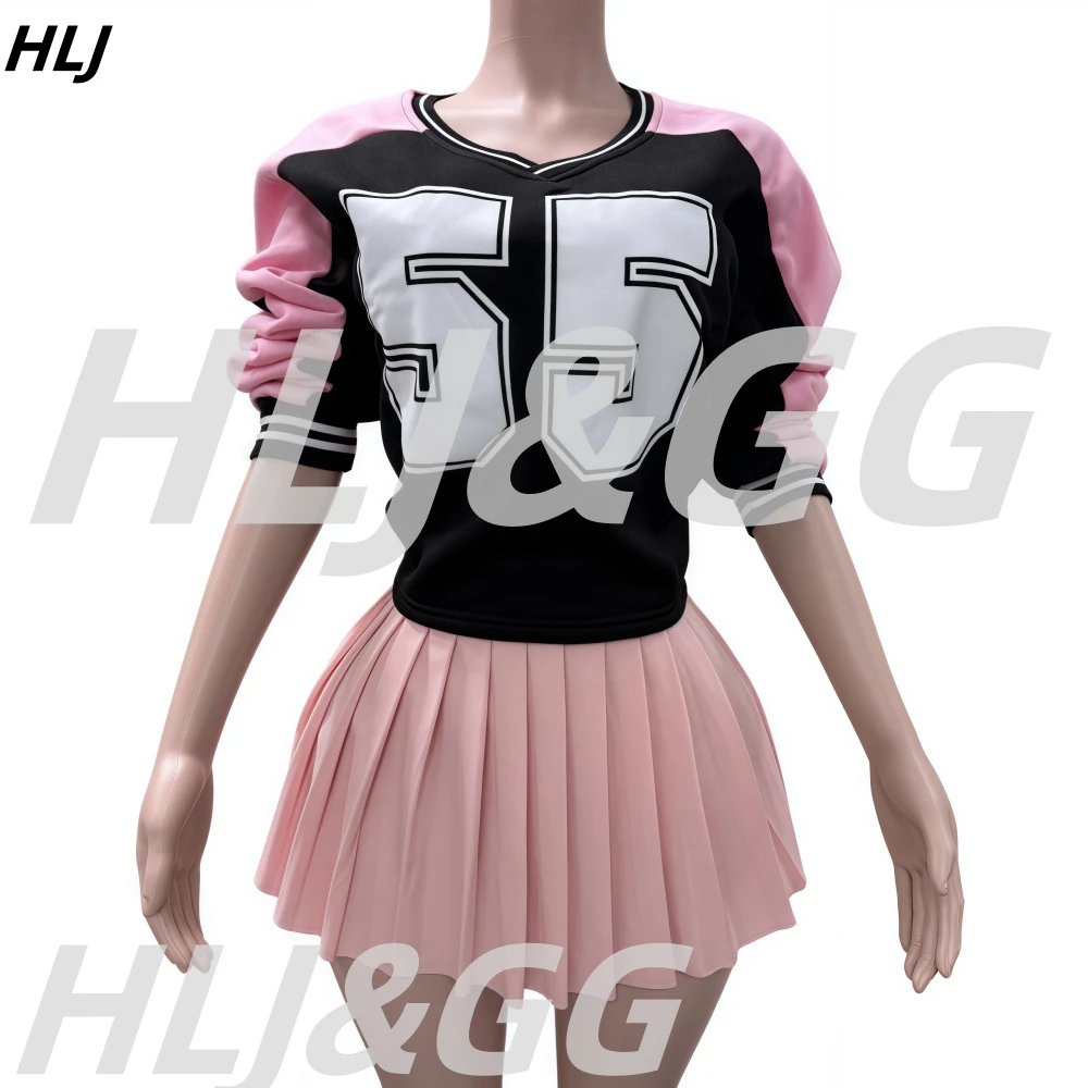 HLJ rose Style américain Y2K plissé Mini jupes deux pièces ensembles femmes col en V à manches longues haut et jupes tenue mode Streetwear