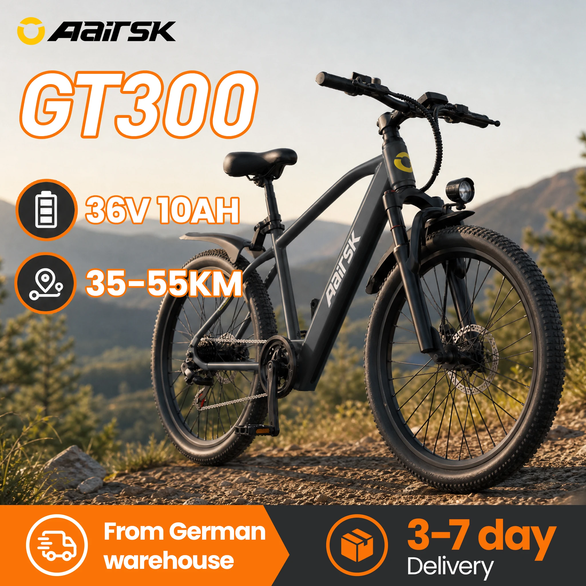 Aairsk GT300 26" Elektro-Offroad-Fahrrad, 36V 10Ah Eingebauter Akku 40-50KM, 7-Gang 250W E-Bike mit NFC-Smartlock & leichtem Rahmen, All-Terrain-Mountainbike für Erwachsene 25KM/h