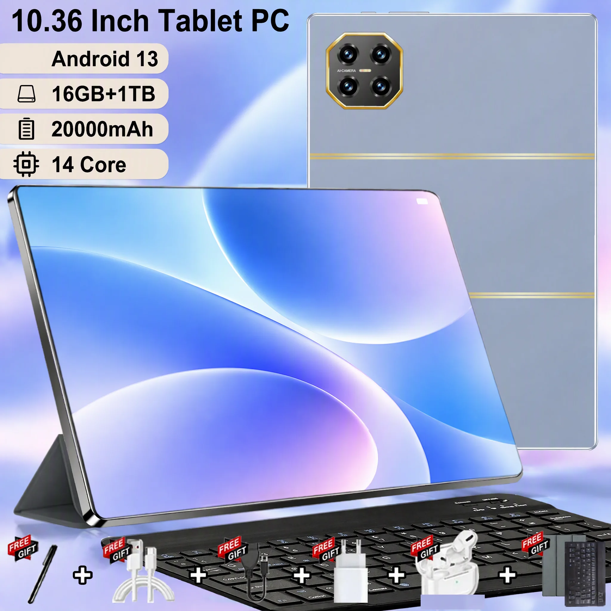 Tableta con 16 GB de RAM, 1 TB de ROM, pantalla de 10,36 pulgadas, Android 13, 5G, batería de 20000 mAh, Bluetooth, procesador de 14 núcleos, WIFI, funciones de oficina, GPS y pantalla HD, con teclado.