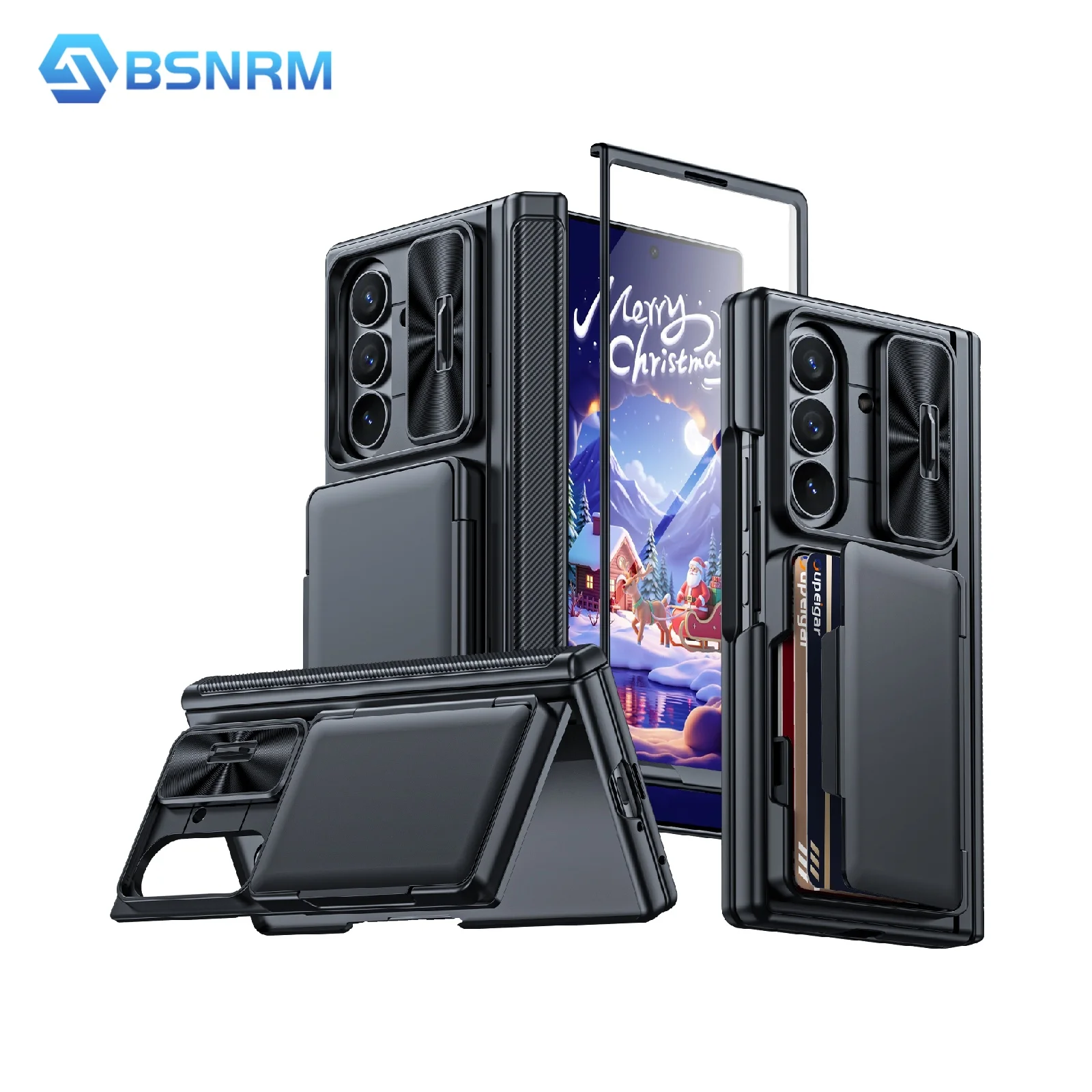 

Christmas Gift,for Samsung Z Fold 7,with Bracket,Hinge Protection,RFID Cards Holder,Camera Cover,Shockproof Case-Black