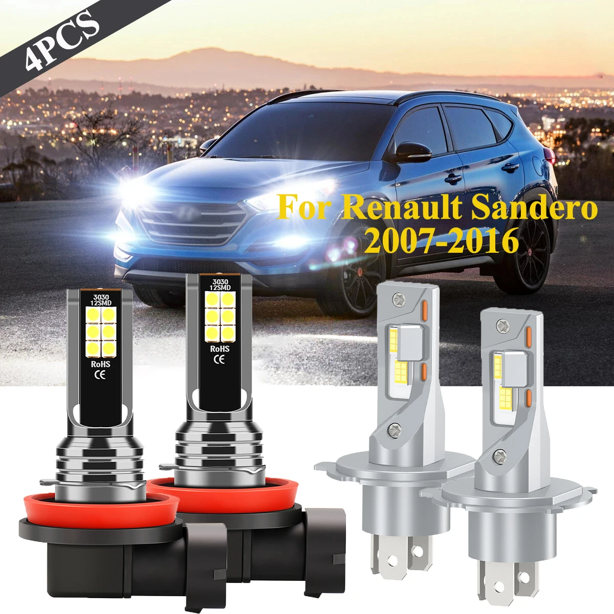 

For Renault Sandero 2007-2016 Canbus H4 Hi/Lo Beam LED Headlight Bulbs 20000LM H11 Fog Light DC12-24V