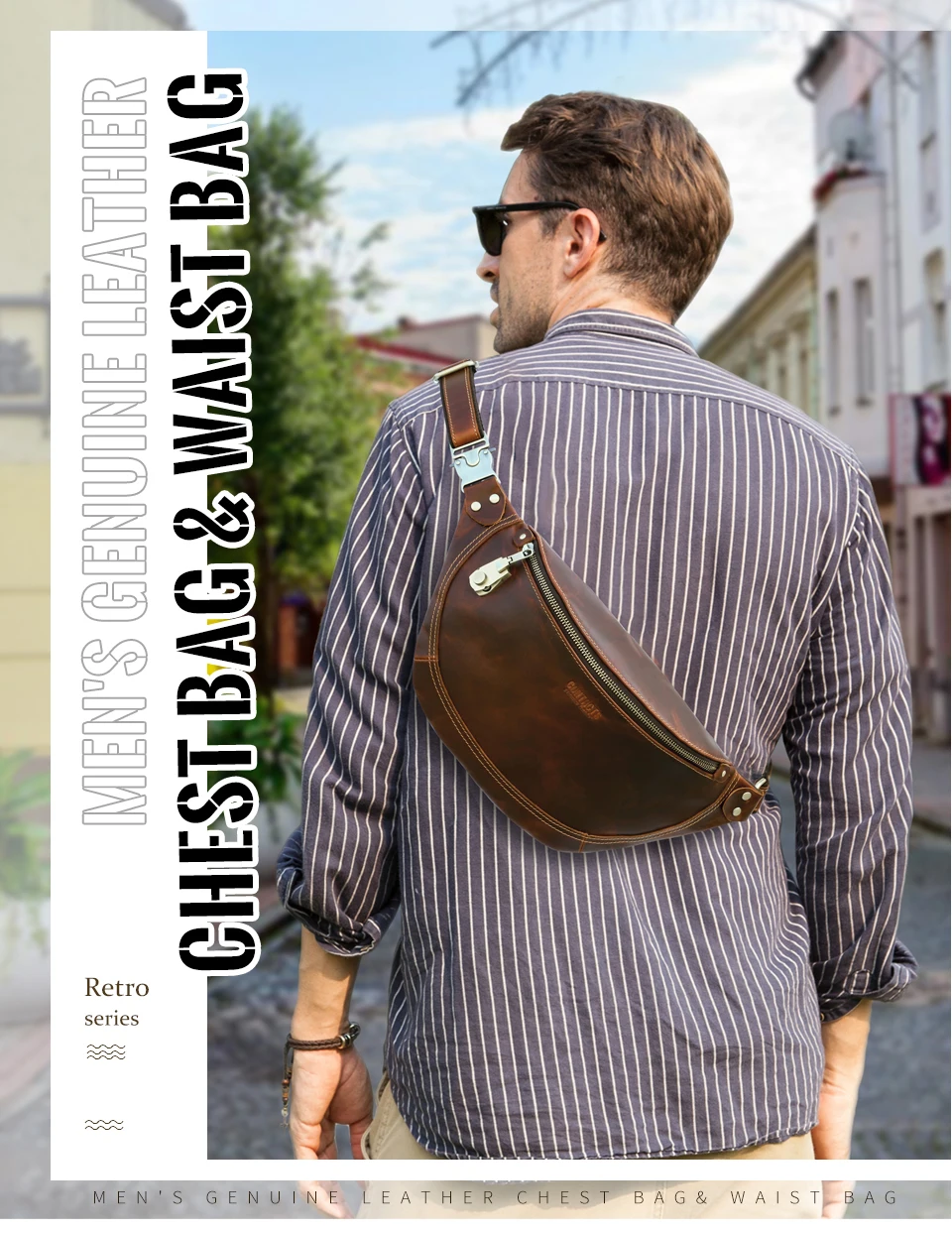 CONTACT'S Echte Leder-Hüfttasche für Herren, Reise-Bauchtasche mit Zahlenschloss, Kleine Brusttasche für Alltag & Reisen – Detail 1