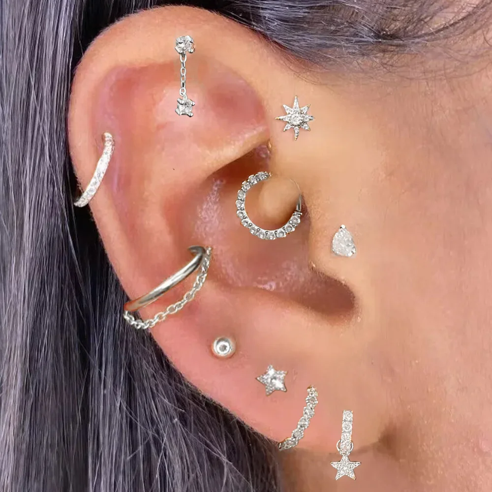 1szt Kolczyki ze stali nierdzewnej Helix Daith dla kobiet Pierścionek z gwiazdą z łańcuszkiem Lobe Tragus Snug Ear Piercing Earings Biżuteria — zdjęcie 2