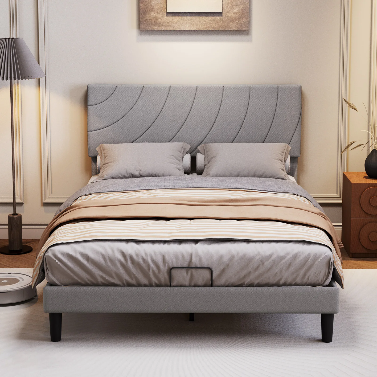 Struttura letto matrimoniale imbottita 140×190 cm– Testiera curva imbottita regolabile – 12 robuste doghe in legno massello – Spazio contenitore sottolletto da 17 cm