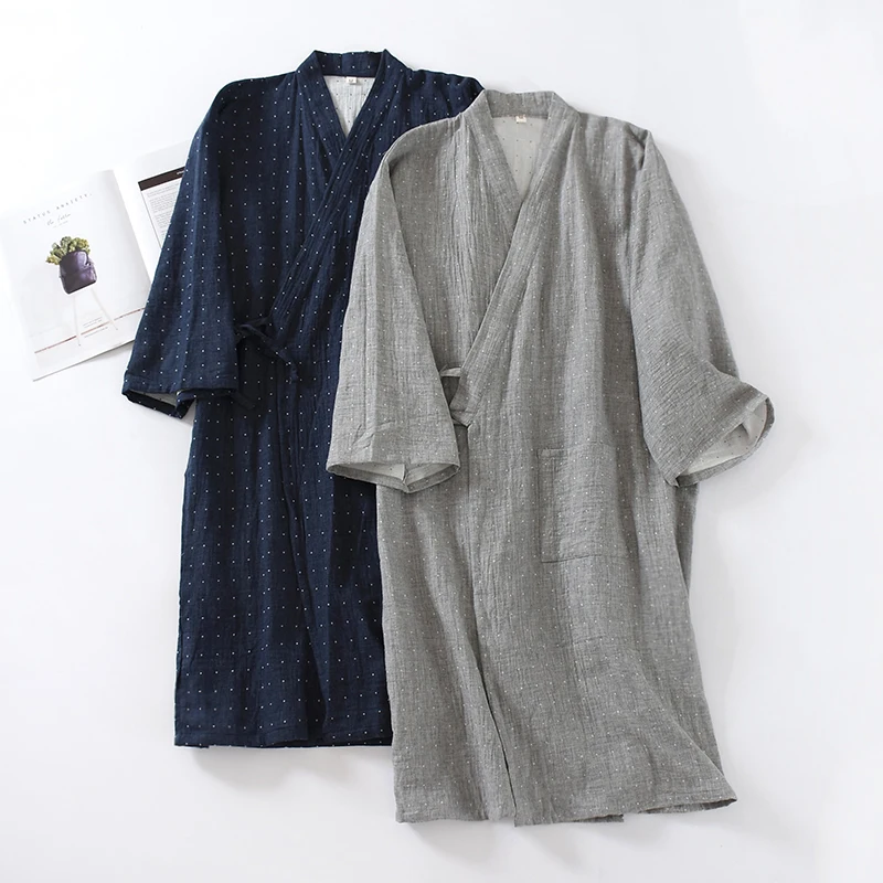 

Men Kimono Pajamas Robe Cotton Gauze Nightgown Bathrobe Long One Piece Tracksuit