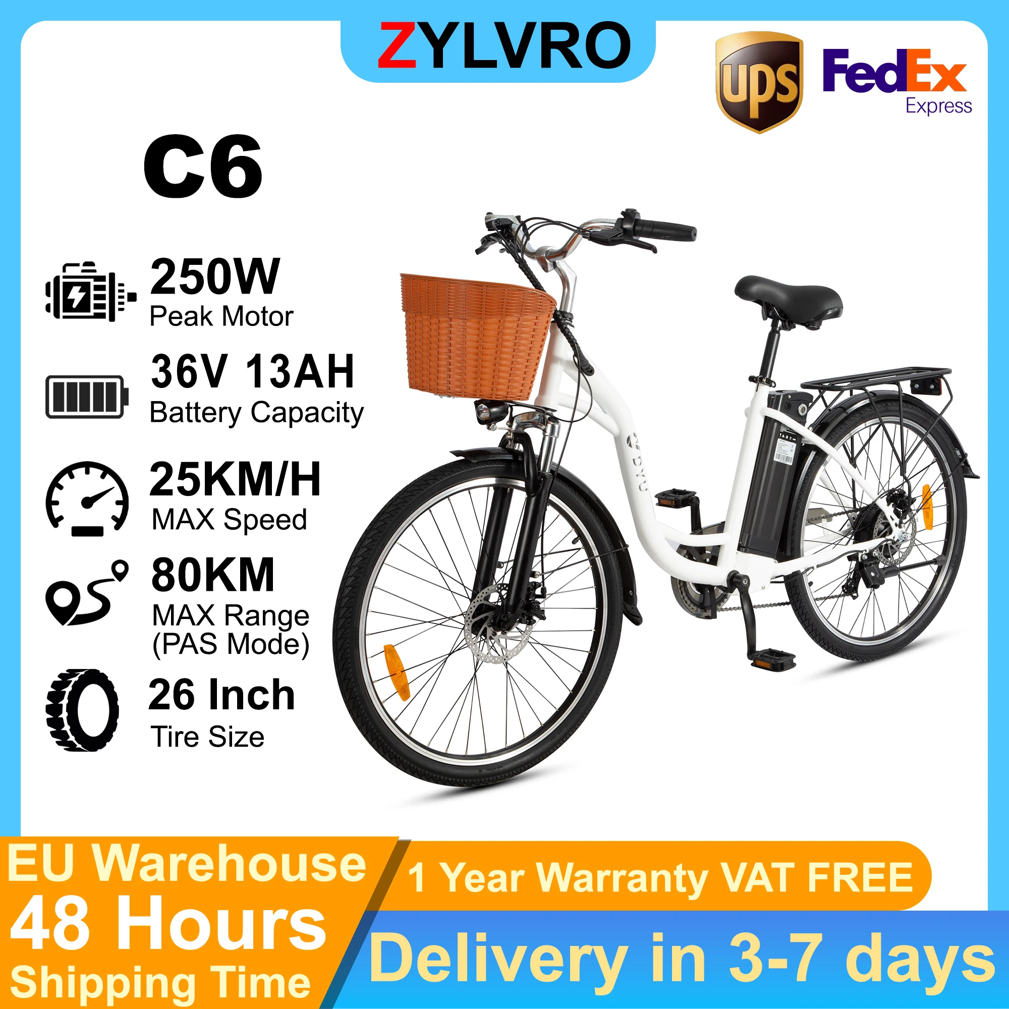 ZYLVRO C6 E Bike Elektrofahrrad 250W Motor 26" Reifen 36V 13Ah Lithium-Batterie 6-Gang-Doppelscheibenbremsen E-Bike-Assistenzmodus 80KM