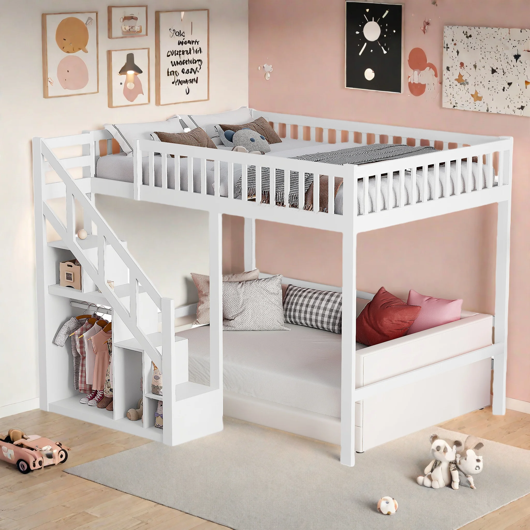 Rosahqnda Lit escalier pour enfants 90x200/140x200 cm Lit Rher avec rangement Chambre pour BAMBES Pin Blanc