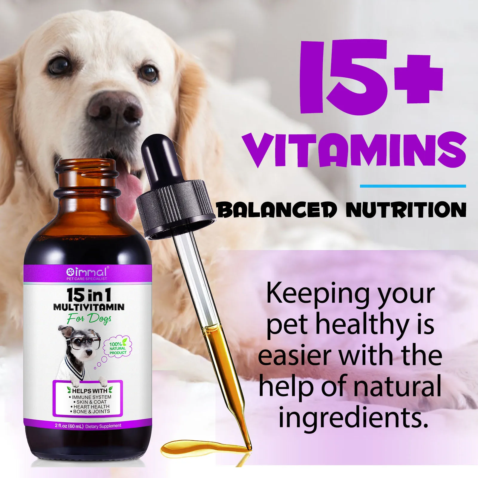 

15-in-1 Vitamin Drops for Dogs Nutrients Comprehensive Nutrient Support Skin Coat Joint Bone Heart Immune System Boost Energy