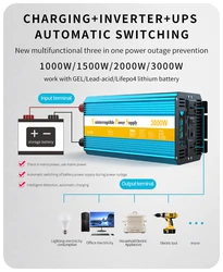 LCD 12V 24V pure sine wave UPS charger inverter 1kw 2kw 3kw 4kw power inverter support lead acid/gel/ lifepo4 lithium battery