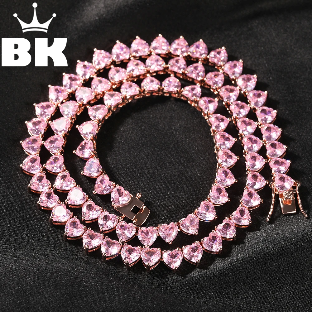 

Vintage 7mm Heart Tennis Necklace For Women Cubic Zircon Iced Out Shiny Pnik Stones 3 Claw Chain Lovely Blingbling Jewelry Gift