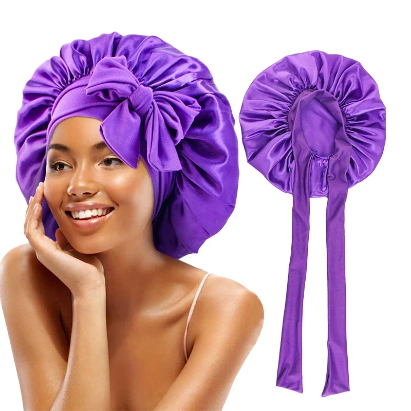 Nouveau femmes Satin solide chapeau de couchage avec bande de cravate extensible élastique nuit Bonnet de douche réglable cheveux couvre-tête Bonnet turban