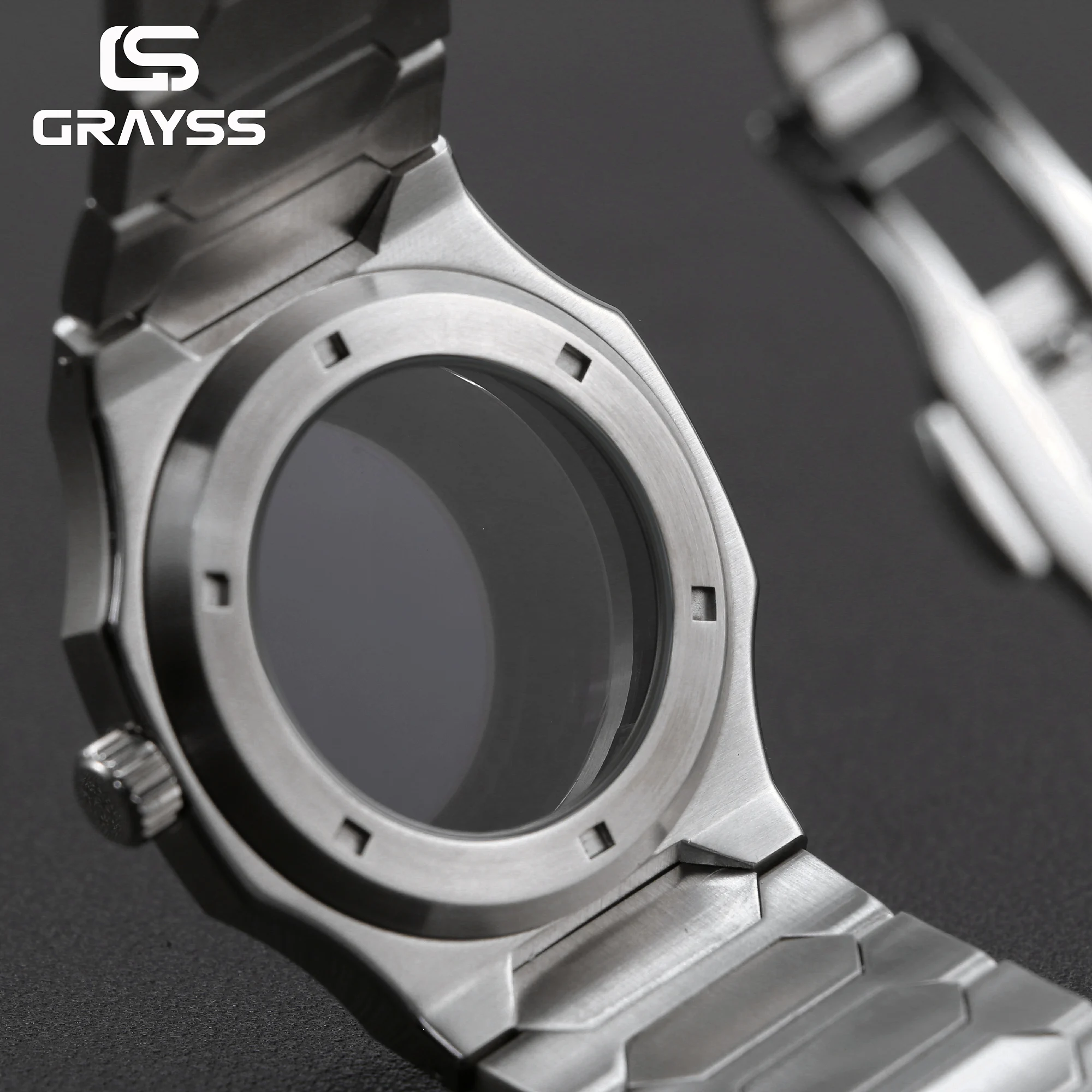 Grayss 40 mm Edelstahl-Uhrengehäuse, konkav polierte Lünette, integriertes geometrisches Armband für SKX NH35 NH36 Sapphire 20atm WatchMod – Detail 5